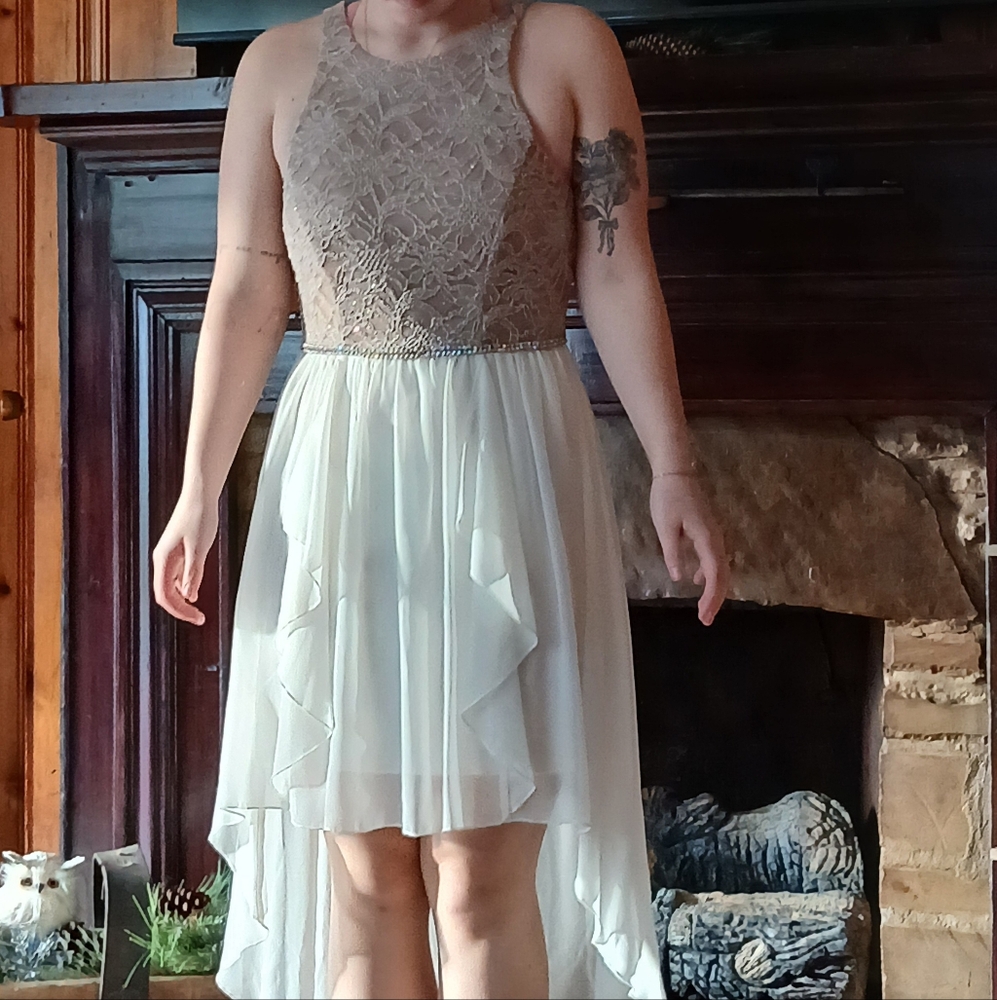 Elegant Lace Overlay Cream Dress